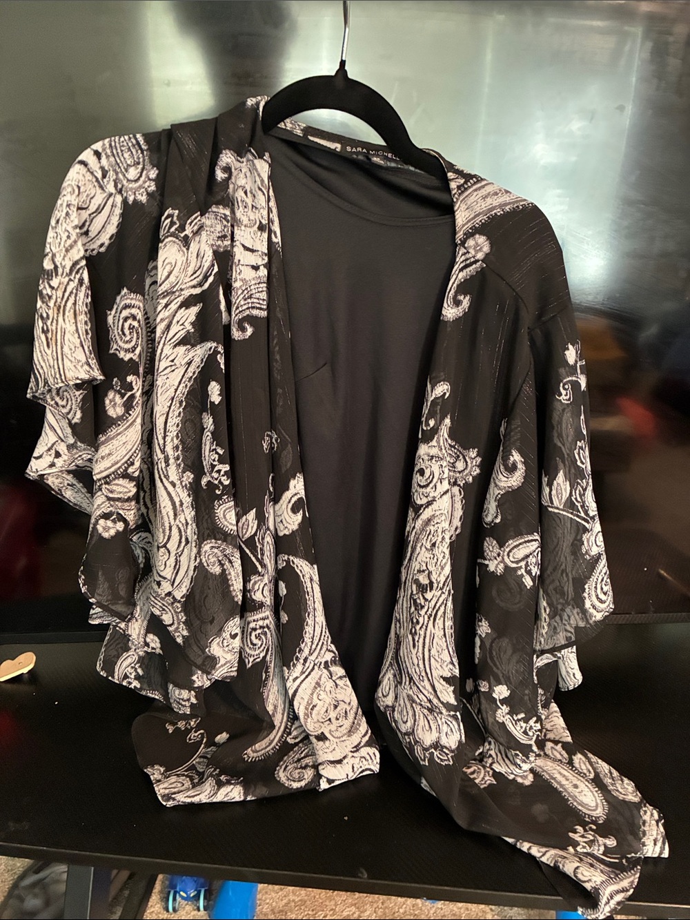 Sara Michelle Black and White Paisley Open-Front Women's Blouse